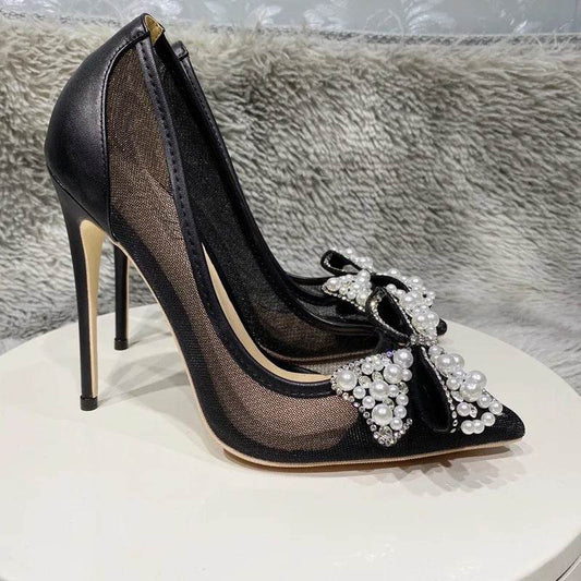 Black Bow diamond Mesh Lace High Heels Female Ladies Thin Heeled For Pointed Toe Pumps Sexy Woman Party Prom Shoes - FLORANZANI- Beauté & Santé