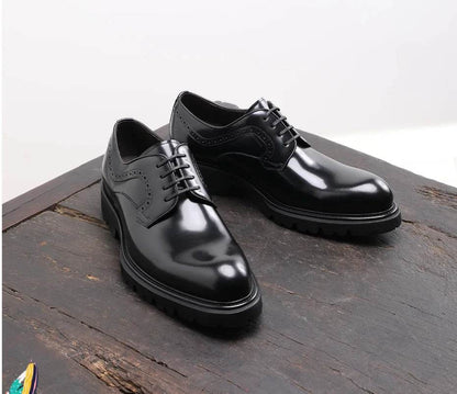 Bright Leather Derby shoes, thick-soled young wedding groom shoes, men's leather round head, business shoes, commuter dres - FLORANZANI- Beauté & Santé