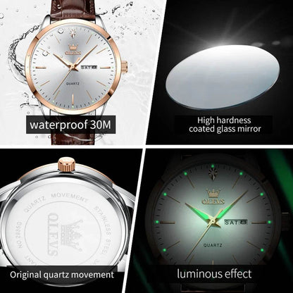 OLEVS Fashion Business Brand Original Men Watches Leather Strap Trend Week Calendar Quartz Watch Luminous Waterproof 43mm Dial - FLORANZANI- Beauté & Santé