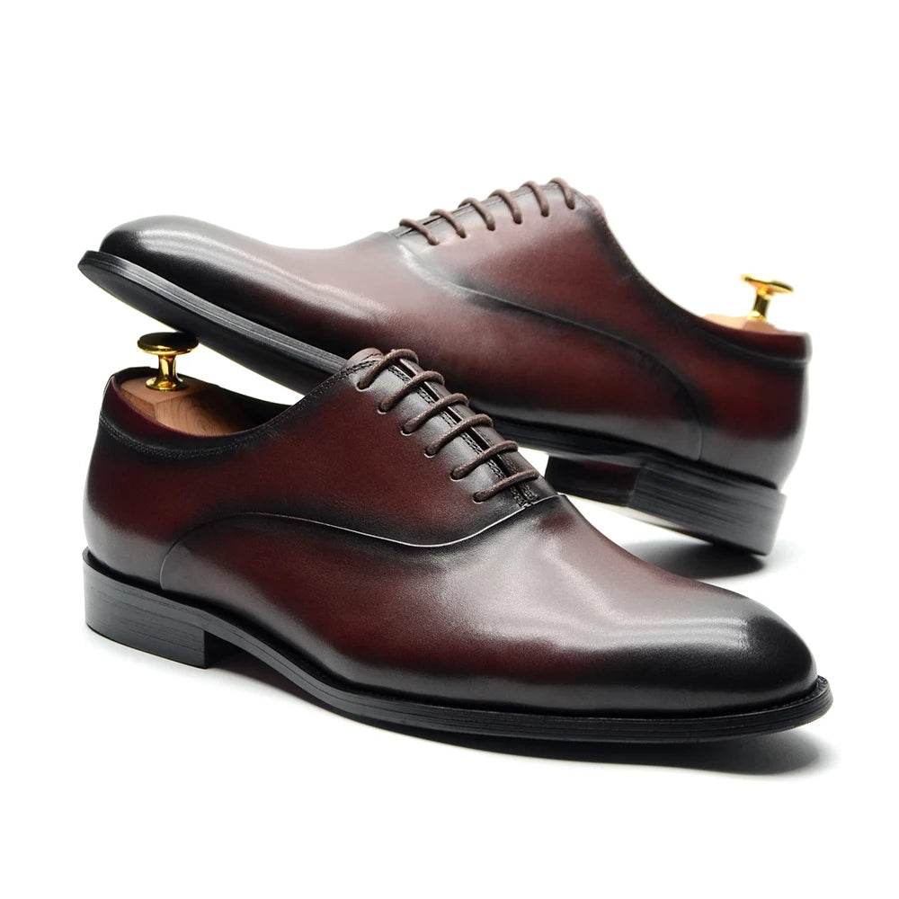 Italian Classic Mens Oxford Dress Shoes Genuine Leather Lace-up Plain Toe Burgundy Black Business Wedding Formal Shoes for Men - FLORANZANI- Beauté & Santé