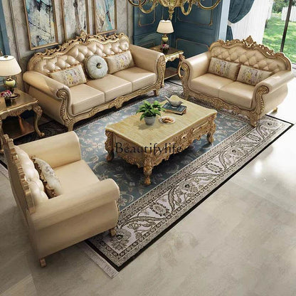 Living Room Furniture High-Grade Solid Wood Carved Luxury First Layer Cowhide Leather Sofa - FLORANZANI- Beauté & Santé