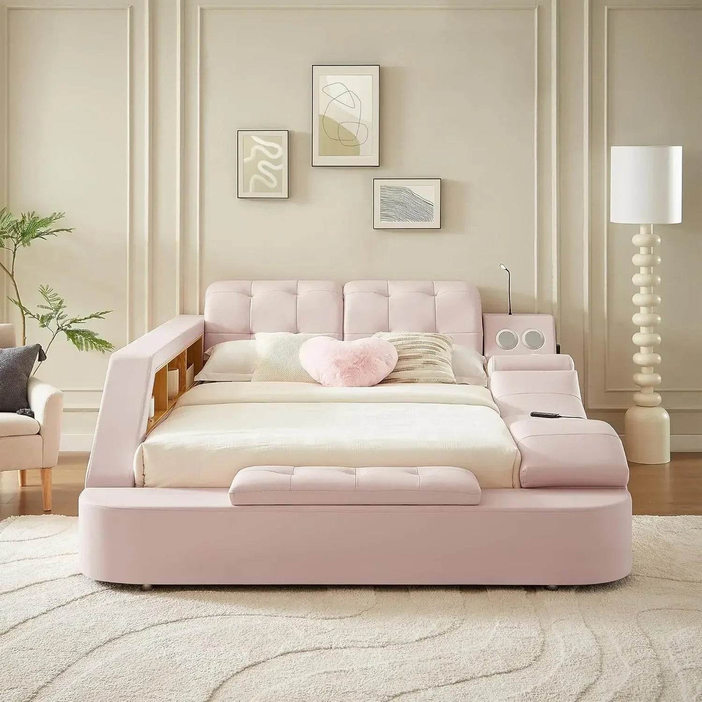 Multifunctional Queen Bed Frame,Smart Bed with Massage Recliner on Right Speaker/Storage Drawers,Adjustable Leather Up Headboard - FLORANZANI- Beauté & Santé