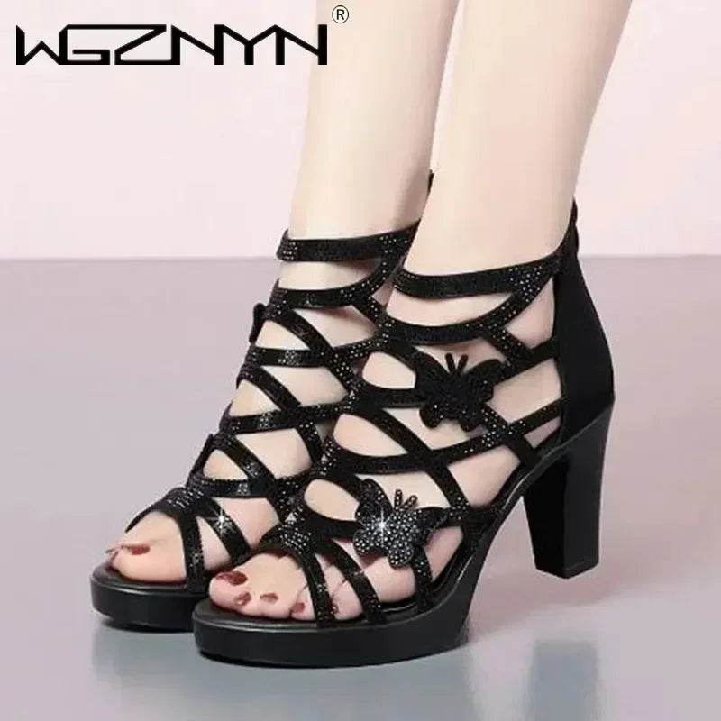 Woman Sandals Women Cyrstal Comfortable Pumps Ladies Fashion High Heels Female Rome Bling Hollow Out Shoes Women's Zip Footwear - FLORANZANI- Beauté & Santé