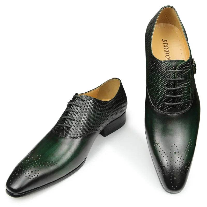 Luxury Mens Business Genuine Leather Shoes Fashion Wedding Oxfords Lace-up Pointed Toe Black Green Coffee Brogues Dress Shoes - FLORANZANI- Beauté & Santé