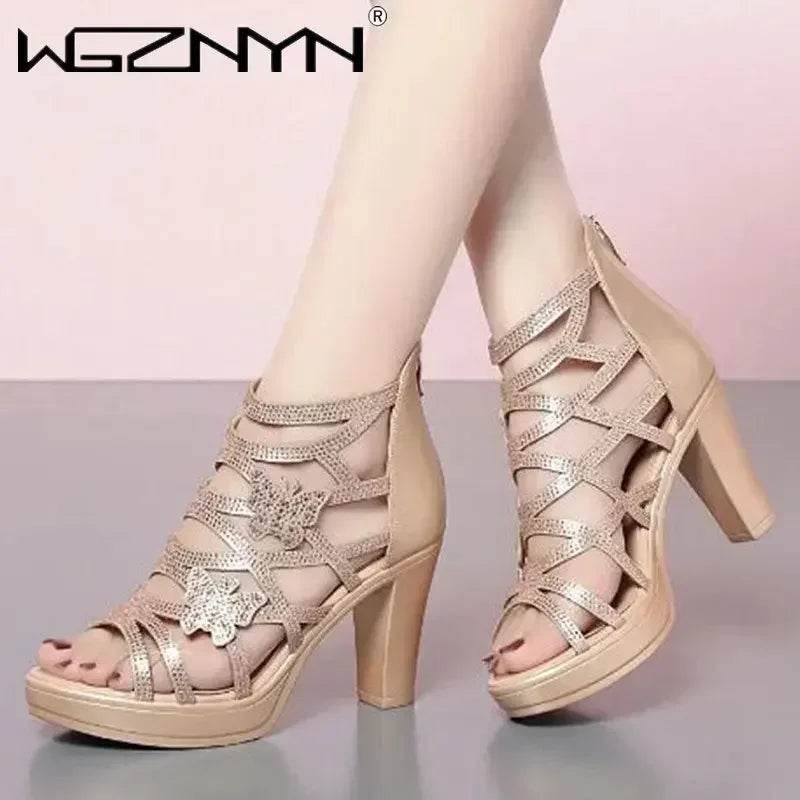 Woman Sandals Women Cyrstal Comfortable Pumps Ladies Fashion High Heels Female Rome Bling Hollow Out Shoes Women's Zip Footwear - FLORANZANI- Beauté & Santé