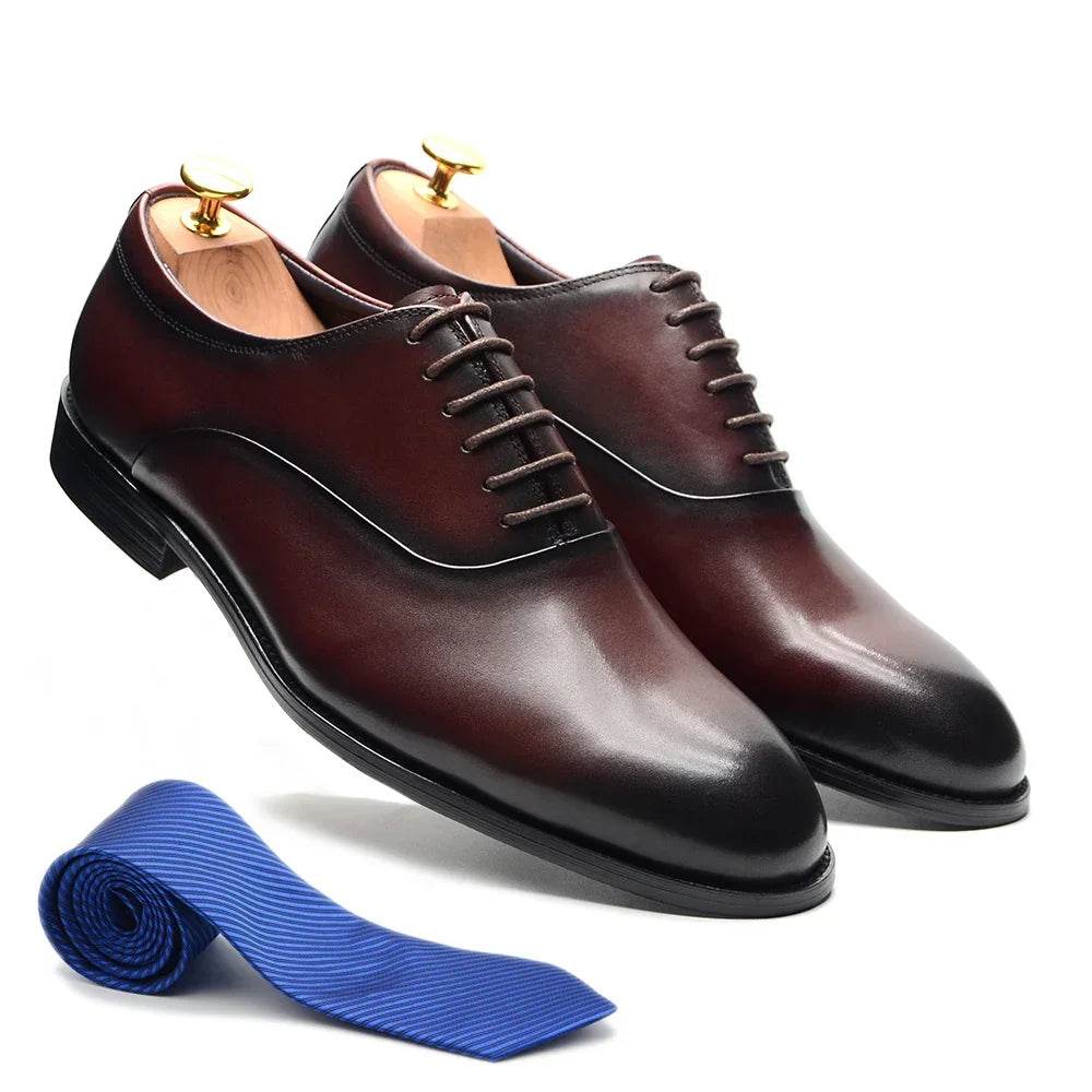 Italian Classic Mens Oxford Dress Shoes Genuine Leather Lace-up Plain Toe Burgundy Black Business Wedding Formal Shoes for Men - FLORANZANI- Beauté & Santé