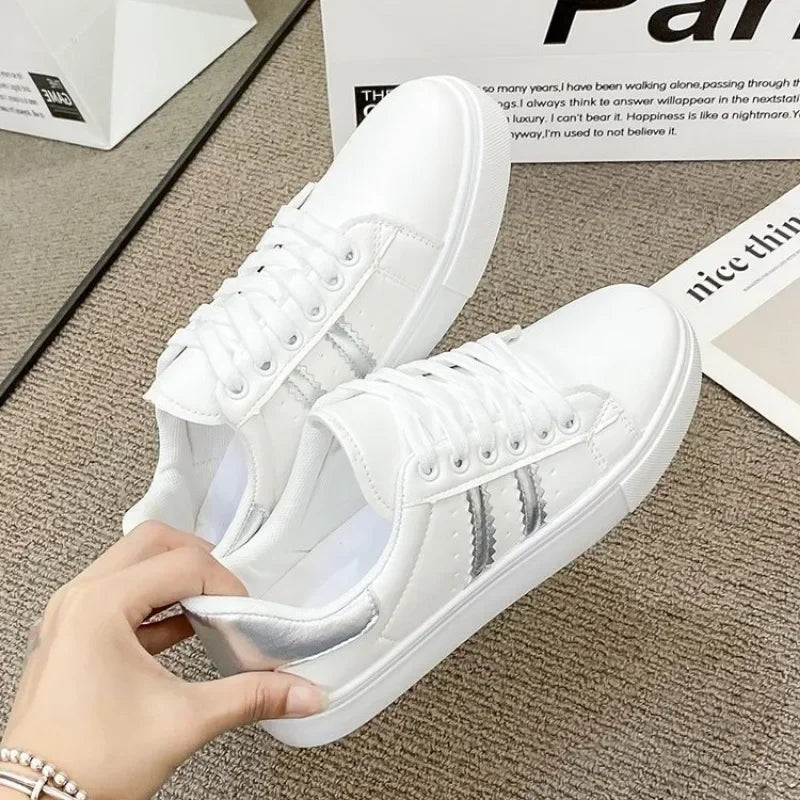 Spring Autumn New Anti-Slip Casual Shallow White Shoes Women Flat Bottom One-Legged Versatile Sports Leather Student Board Shoes