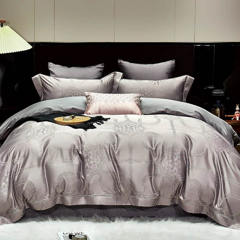 Luxury Satin Jacquard Cotton Bedding Set Gold Leaves Egyptian Cotton Smooth Duvet Cover Set Flat/Fitted Sheet Pillowcases - FLORANZANI- Beauté & Santé