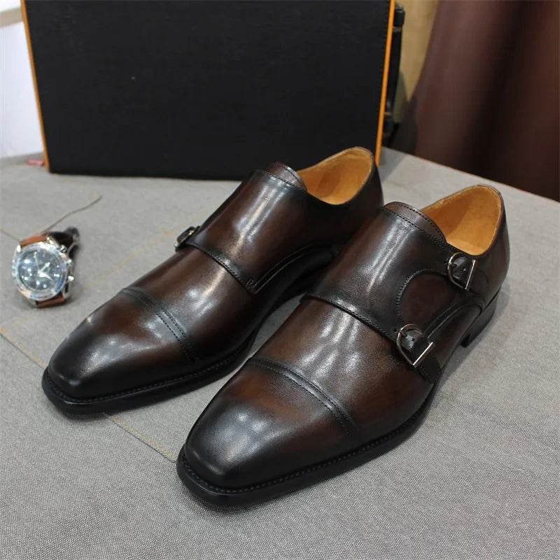 Luxury Handmade Genuine Leather Men's Shoes Formal Classic Double Buckle Monk Shoes Pointed Toe Business Dress Wedding Men Shoes - FLORANZANI- Beauté & Santé