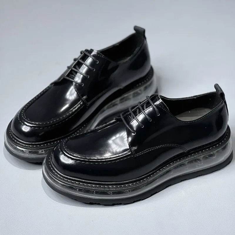 Thick Bottom Mens Genuine Leather Dress Shoes Lace Up Black Cowhide Patent Leather Business Casual Office Men Formal Derby Shoes - FLORANZANI- Beauté & Santé