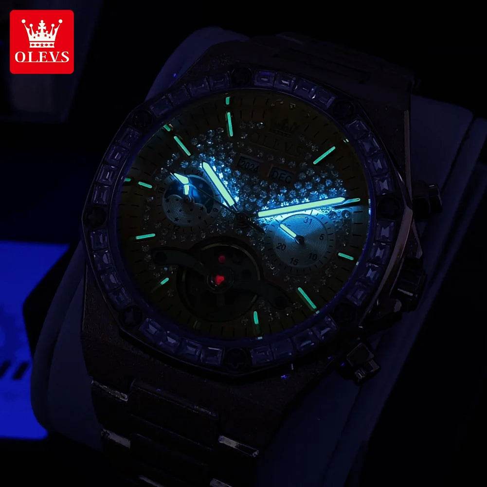 OLEVS 9805 High end Men Watches Waterproof Moon Phase Diamond Dial Fashion Luxury Mechanical Watch Skeleton Original Wristwatch - FLORANZANI- Beauté & Santé