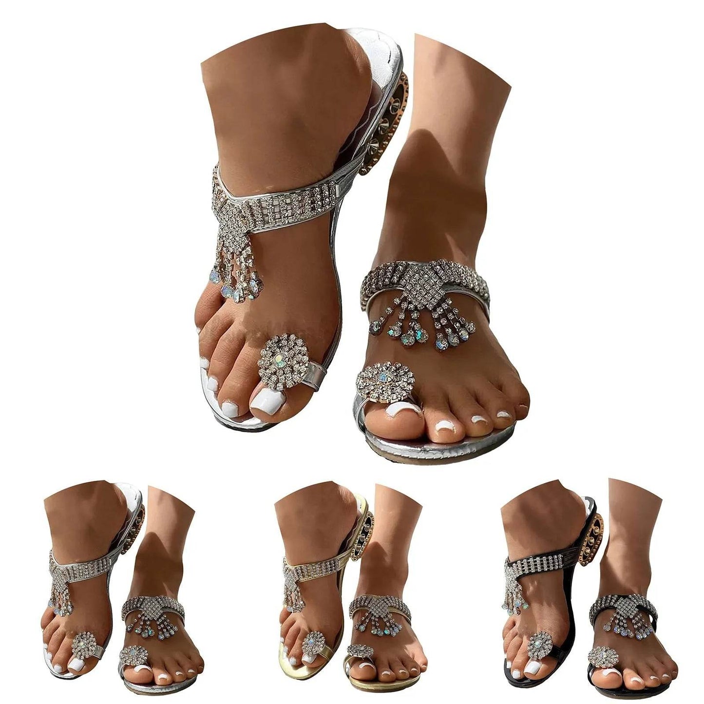 Summer Ladies Bright Beach Sandals Fashion Rhinestone Hollow Toe Outside Wear Slippers Casual Women'S Pinch Toe Sandals - FLORANZANI- Beauté & Santé