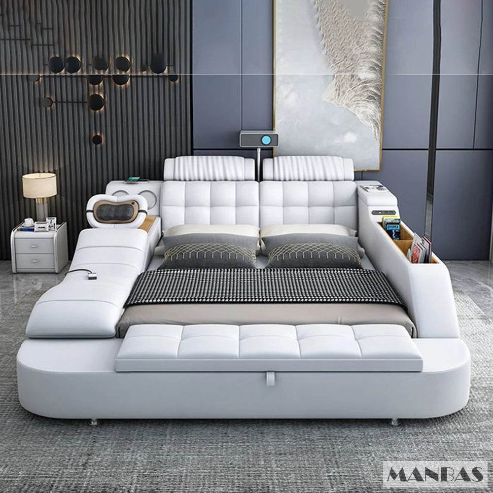 MINGDIBAO Tech Smart Genuine Leather Bed | Multifunctional Ultimate Beds | Massage Tatami Bed with Projecter | Upholstered Cama - FLORANZANI- Beauté & Santé