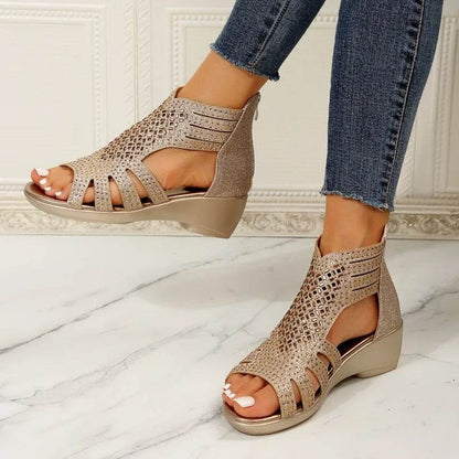 Women's Sandals Summer New Mid-heel Round Head Rhinestone Hollow Sandals Casual Comfort Increase Non-slip Sandals - FLORANZANI- Beauté & Santé