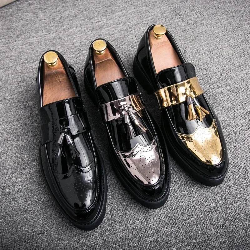 Golden Men's Casual Slip-On Tassel Patent Loafers Thick Bottom Elevator Shoes Fashion Men's Party Shoes Business Shoes Brogue - FLORANZANI- Beauté & Santé