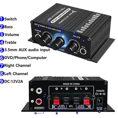 AK-270 HIFI Amplifier 2.0 Channel Home Amp Bass and Treble Adjustment Stereo Audio Home Cinema Sound System DC12V Black MP3 AMP - FLORANZANI- Beauté & Santé