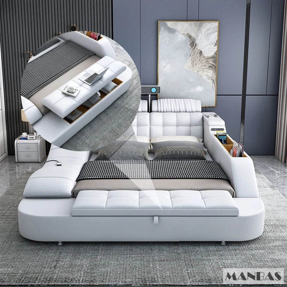 MINGDIBAO Tech Smart Genuine Leather Bed | Multifunctional Ultimate Beds | Massage Tatami Bed with Projecter | Upholstered Cama - FLORANZANI- Beauté & Santé