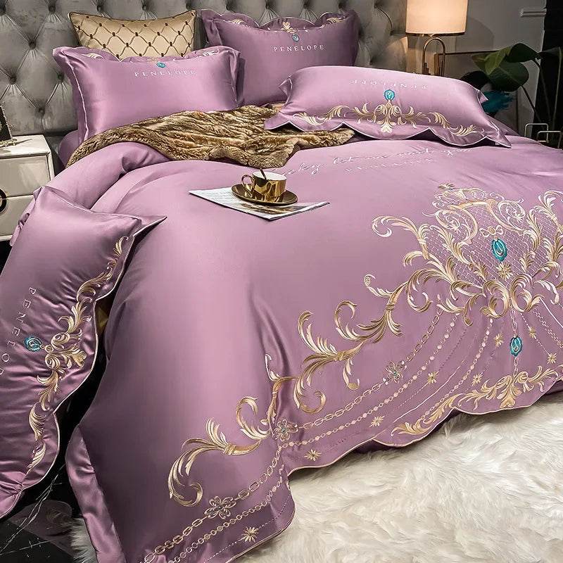 Egyptian Cotton Bedding Set Golden Embroidery Home Textiles Super Soft Bed Duvet Sheet Set King Queen Size Chic Stitch Linen 이불 - FLORANZANI- Beauté & Santé