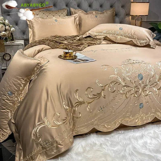 European Style Bedding Set Luxury Gold Royal Embroidery Satin Double Duvet Cover Pure Cotton Bed Sheets and Pillowcases Bed Set - FLORANZANI- Beauté & Santé