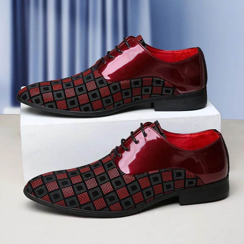 Elegant Red Men's Casual Leather Shoes Pointed-Toe Lace-up Men's Dress Shoes Comfortable Formal Shoes zapatos de vestir hombre - FLORANZANI- Beauté & Santé