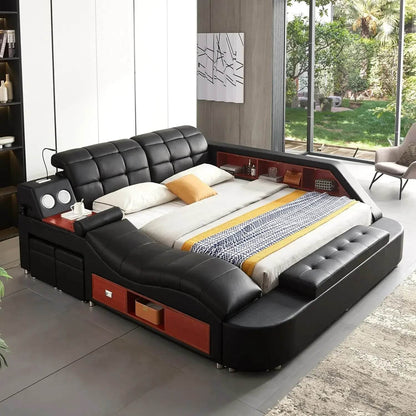 Multifunctional Queen Bed Frame,Smart Bed with Massage Recliner on Right Speaker/Storage Drawers,Adjustable Leather Up Headboard - FLORANZANI- Beauté & Santé