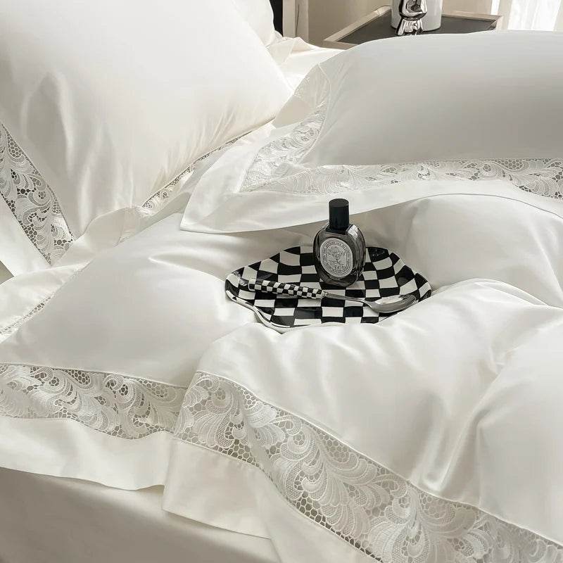 Luxury Hollow Lace Wide Embroidery 1200TC Egyptian Cotton 4Pcs Bedding Set Duvet Cover Set Flat/Fitted Bed Sheet Pillowcases - FLORANZANI- Beauté & Santé