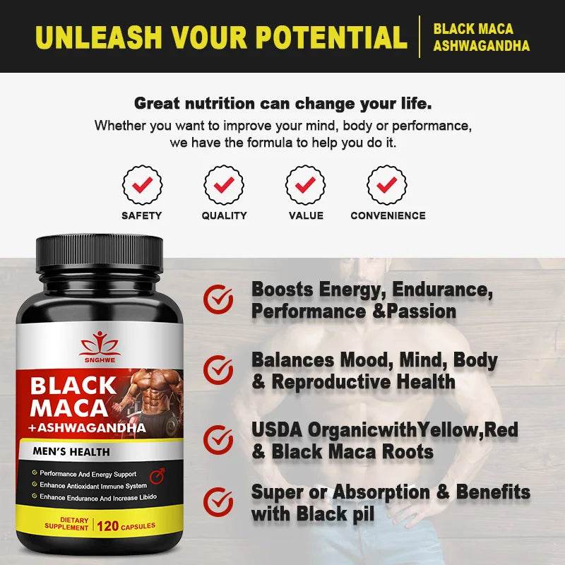 120 Black Maca Booster for Men - Maca Supplements for Health, Energy & Endurance, Muscle Mas Supplements - FLORANZANI- Beauté & Santé