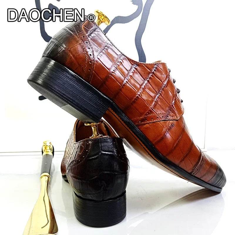 LUXURY BRAND CASUAL MEN DRESS SHOES BROWN BLACK LACE UP POINTED DERBY OXFORD PRINT WEDDING OFFICE REAL LEATHER SHOES MEN - FLORANZANI- Beauté & Santé