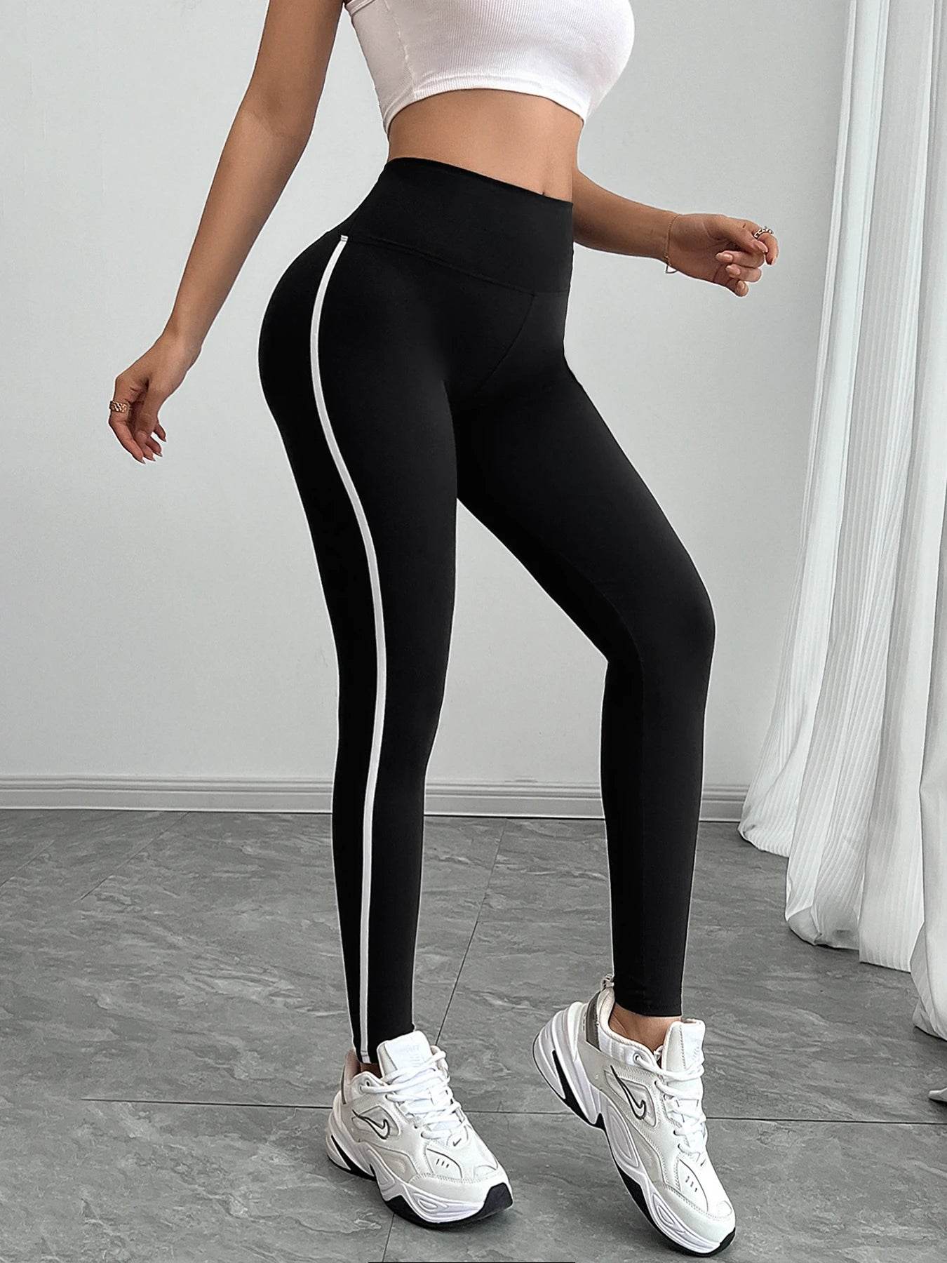 Women's High Waist Yoga Leggings Black Striped Tights Sports Pants - FLORANZANI- Beauté & Santé