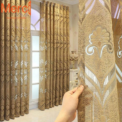 European Style Gold Curtains for Living Dining Room Bedroom Jacquard Luxury High-end Window Tulle Drape Home Decor Custom Size - FLORANZANI- Beauté & Santé