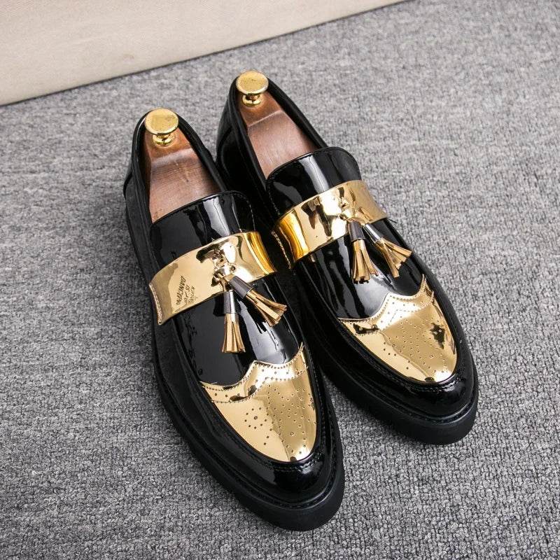 Golden Men's Casual Slip-On Tassel Patent Loafers Thick Bottom Elevator Shoes Fashion Men's Party Shoes Business Shoes Brogue - FLORANZANI- Beauté & Santé