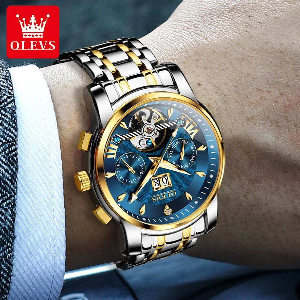 OLEVS 9965 Mens Watch Classic Hollow Out Automatic Mechanical Watch Original Movement Waterproof Luminous Calendar Year Moon - FLORANZANI- Beauté & Santé