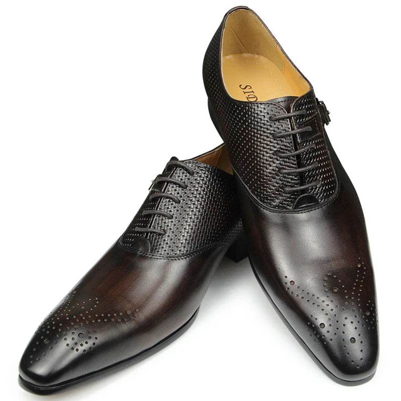 Luxury Mens Business Genuine Leather Shoes Fashion Wedding Oxfords Lace-up Pointed Toe Black Green Coffee Brogues Dress Shoes - FLORANZANI- Beauté & Santé