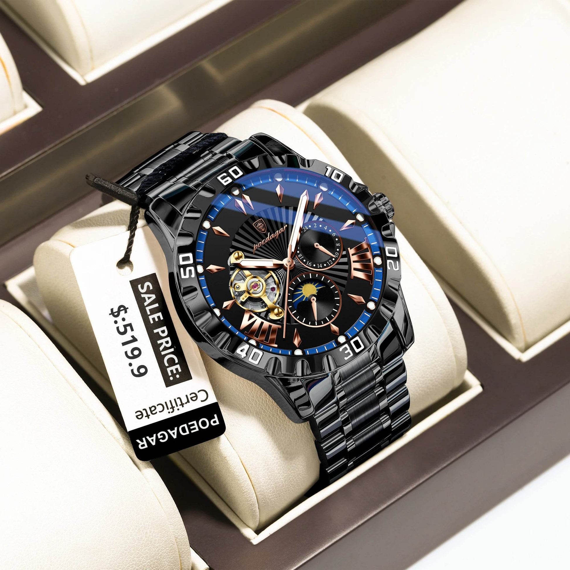 POEDAGAR Luxury Men Clock Hollow Tourbillon Automatic Mechanical Man Watch Waterproof Luminous Stainless Steel Men's Watches+Box - FLORANZANI- Beauté & Santé