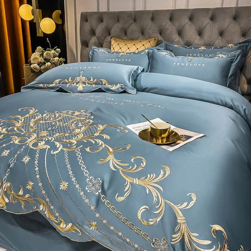 Egyptian Cotton Bedding Set Golden Embroidery Home Textiles Super Soft Bed Duvet Sheet Set King Queen Size Chic Stitch Linen 이불 - FLORANZANI- Beauté & Santé