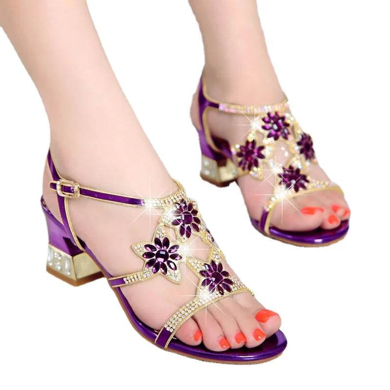 2023 New Fashion Sandals Ladies High and Low Heel Sandals Leather Women's Sandals with Diamonds Outdoor Ladies Beach Shoes - FLORANZANI- Beauté & Santé