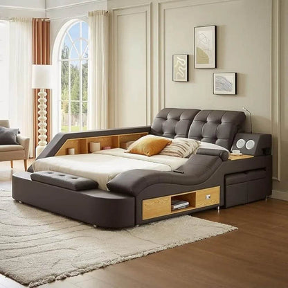 Multifunctional Queen Bed Frame,Smart Bed with Massage Recliner on Right Speaker/Storage Drawers,Adjustable Leather Up Headboard - FLORANZANI- Beauté & Santé