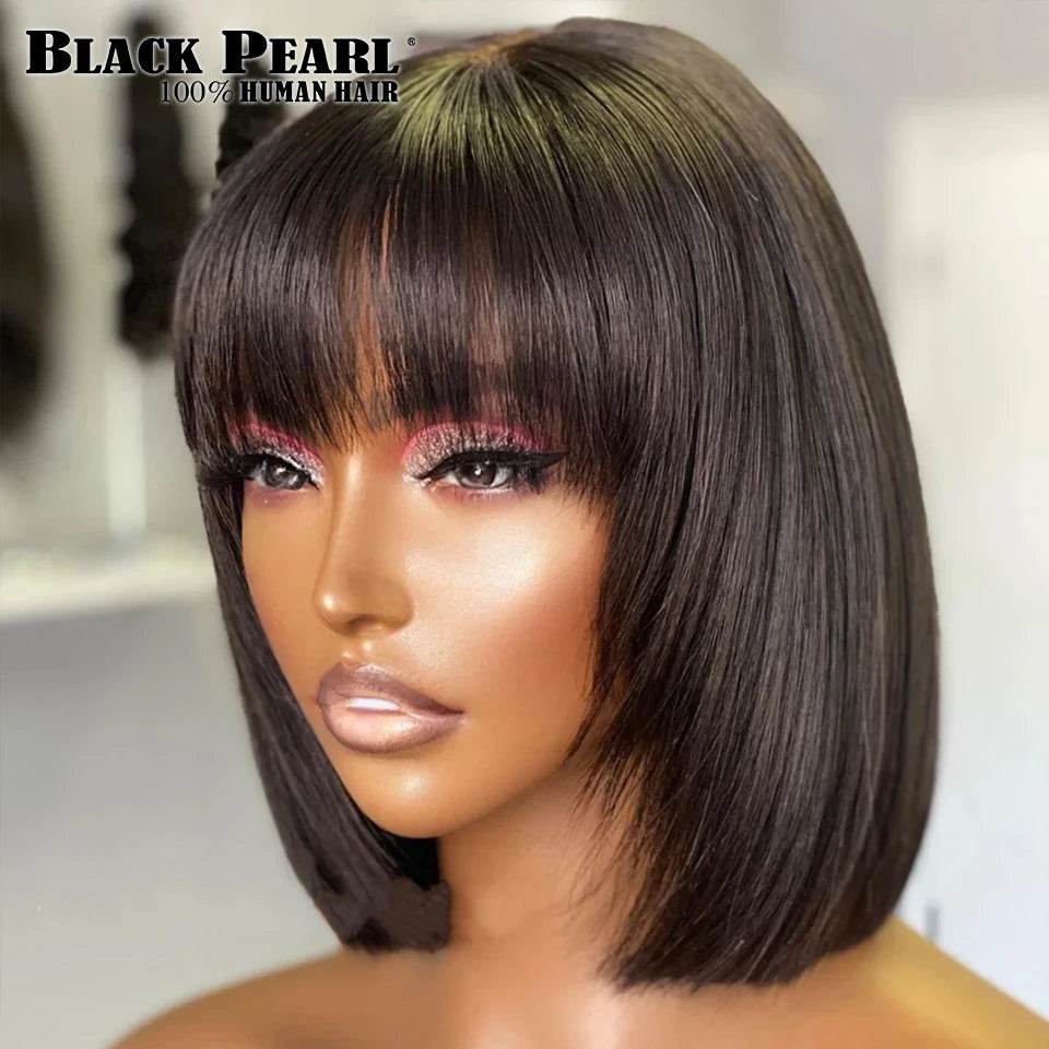 Wear and Go Human Hair Bob Wig With Bangs 180 Density Realistic Look 4x1 Lace Glueless Wigs Short Black Bob Wigs With Bangs - FLORANZANI- Beauté & Santé