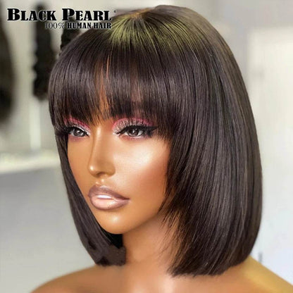 Wear and Go Human Hair Bob Wig With Bangs 180 Density Realistic Look 4x1 Lace Glueless Wigs Short Black Bob Wigs With Bangs - FLORANZANI- Beauté & Santé