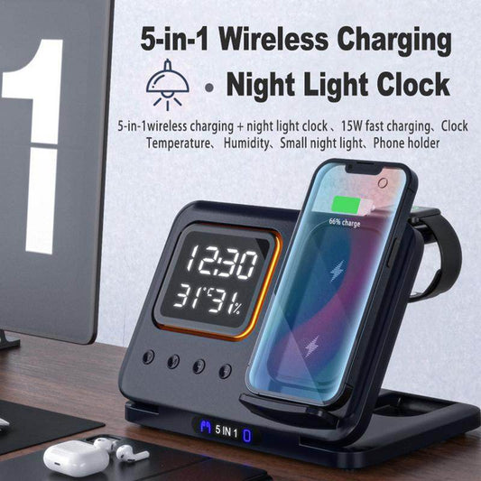 15W Wireless Chargers Stand 5 In1 LED Digital Alarm Clock Fast Charging Dock Station - FLORANZANI- Beauté & Santé