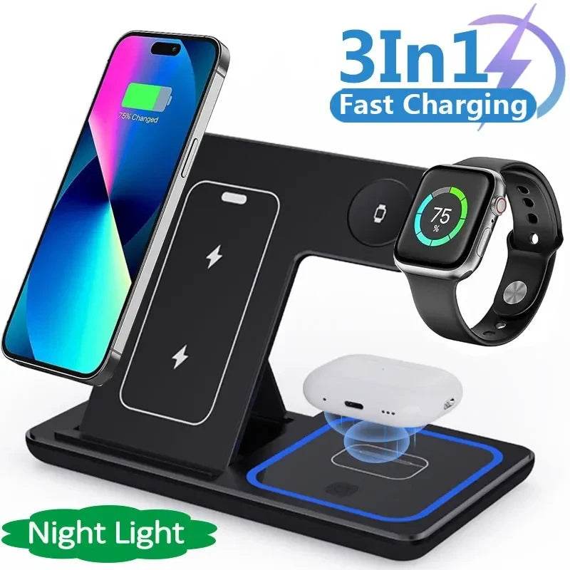 15W 3 In 1 LED Fast Wireless Charger Stand Foldable Charging Station For Smart Phone 15 14 13 12 11 IWatch 9 8 7 6 5 Airpods Pro - FLORANZANI- Beauté & Santé